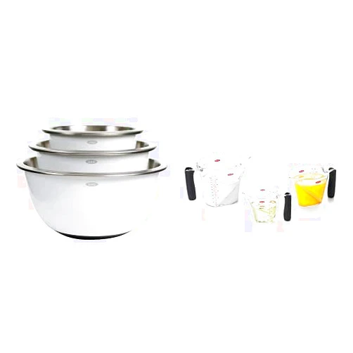 OXO Good Grips 3-Piece Stainless Steel Mixing Bowl Set (White) and OXO Good Grips 3-Piece Angled Measuring Cup Set (Black)