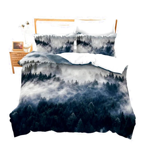 HYFBH Mountain Bedding Pine Forest Duvet Cover Queen/King Size, Nature Scene Grey Trees Art Folk Style Duvet Cover Pillowcases 47x79inch Bedroom Comforter Sets