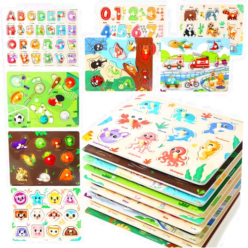 GR GRINNNIE GRINNNIE 9 Pack Montessori Toddler Puzzle for 3 4 5 Years Old, Wooden Learning Puzzle for Toddlers 3-5, Animal, Alphabet, Number, Shape Peg Puzzles Set, Great Birthday for Boys Girls