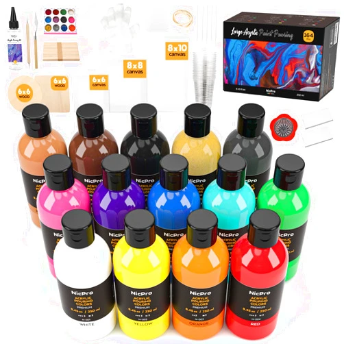Nicpro 14 Colors 8.45oz Acrylic Pour Paint Supplies Kit, Large Volume Premixed High Flow Painting Bulk Set with Canvas, Wood Natural Slices, Pouring Oil, Tools Gloves, Strainer, Cups for Beginner DIY