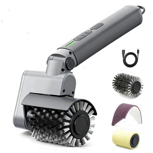 Lenzhan Electric Grill Brush 3-in-1 Kit – Cordless BBQ Cleaner with Reinforced Safe Metal Bristles – 2 Hours Runtime, Waterproof & Dishwasher Safe Removable Brushes for Deep Cleaning (Light Gray)