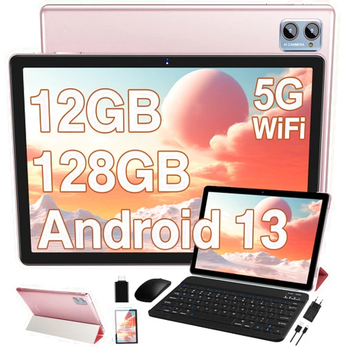Oangcc 2024 Newest Tablet 10 inch Android 13, 12GB RAM+128GB ROM (TF 1TB), Octa-Core, 5G+2.4G WiFi, Bluetooth 5.0 | FHD IPS | 6000mAh | 5MP+8MP | GPS | Widgets | Tablet with Keyboard & Mouse - Rose Gold