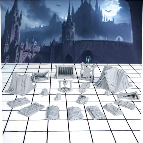 AUSPDICE 21pcs DND Camp Terrain Building Set – Unpainted Miniatures for Dungeons & Dragons, Warhammer, and Tabletop RPG Games