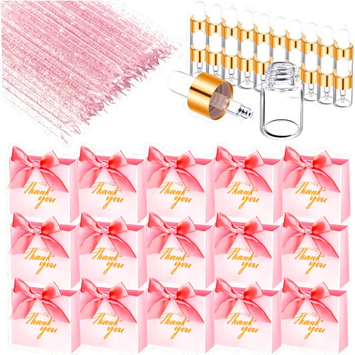 Junkin 20 Pack Mini Pink Thank You Gift Bags, 20 Pcs Glass Oil Dropper Vail 2 ml 20 Pcs Disposable Nail Stick Cuticle Pusher Pink Goodie Bags for Wedding Baby Shower Party Favors