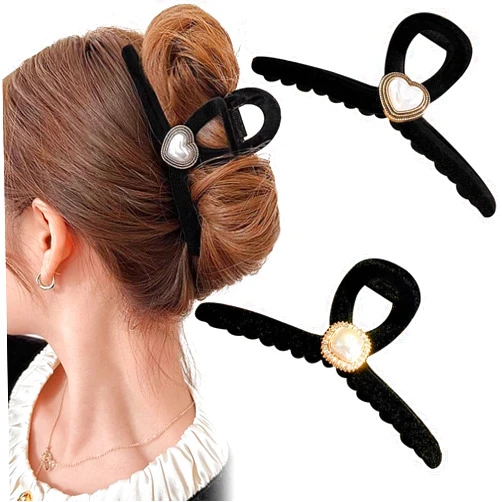 Jaczora 2 PCS Large Pearl Flocking Hair Clips, Cute Hair Claw Clips for Women Thick Hair Thin Hair Decorative Hair Accessories