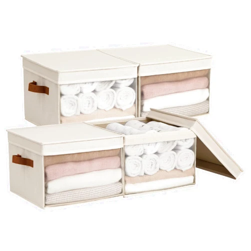 StorageWorks Storage Bins with Lids and Clear Window, Storage Basket for Shelves, Fabric Closet Containers and Organizers, Beige, 4-Pack