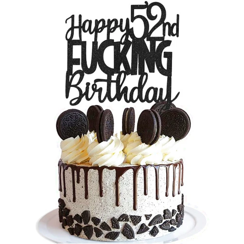 Caiwowo Happy 52nd Fuxking Birthday Cake Topper - Funny Black Glitter 52 & Fabulous Party Supplies - Cheers to 52 Years Party Cake Decoration