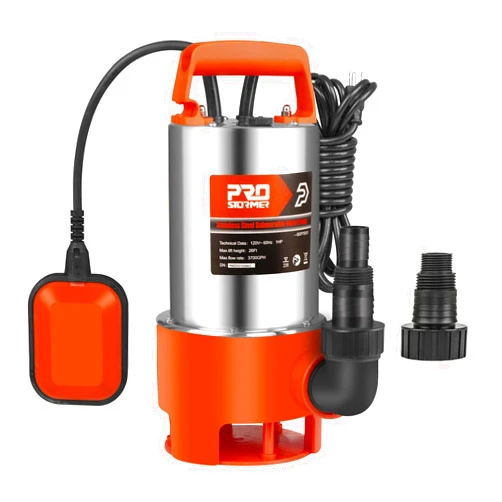 Prostormer Sump Pump, 1HP 3700GPH Submersible Clean/Dirty Stainless Steel Water Pump with Float Switch for Fresh Water, Mains Water, and Pool Water Orange