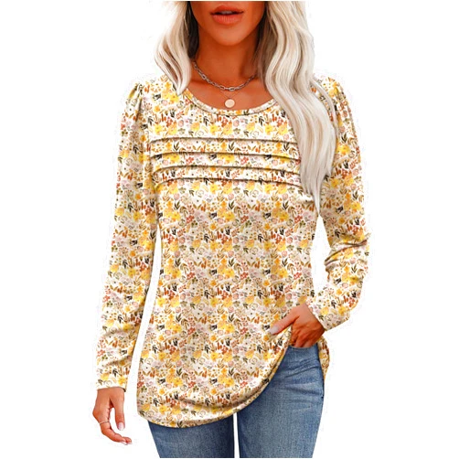 OFEEFAN Long Sleeve Shirts for Women Fall Fashion 2024 Dressy Casual Blouses Trendy Pleated Tunic Tops for Leggings