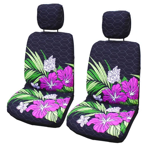 Winnie Fashion 2 Hawaiian Car Seat Covers w/ 2 Headrest Covers - Hibiscus Plumeria Black, Red, and Blue (Side Airbag & Armrest Customization, Blue)