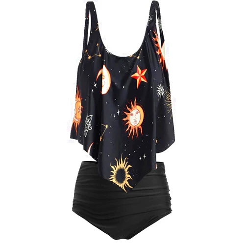 CNSTORE Women High Waist Bikini Two Piece Sun Star Moon Print Bathing Suits Lattice Swimsuit Tummy Control Tankini Swimwear