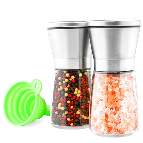 M JINGMEI Stainless Steel Salt and Pepper Grinder Set of 2 - Pepper Mill & Salt Mill with Adjustable Coarseness - Glass Spice Shakers - Easy Clean Ceramic Grinders W/Funnel