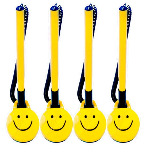 Performore 4 Pack of Secure Counter Pens with Plastic Secure Cord Attached to Adhesive Back Base Pen Holder with Smiley Face Design for Home Workplace School Office