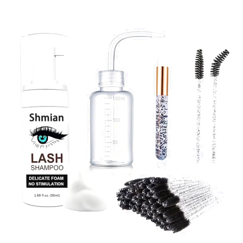 Shmian Lash Shampoo for Eyelash Extension 50ml+Brushes, Eyelash Cleaning Kit & Eyelid Foaming Cleanser-Lash Bath Kits with Wash Bottle