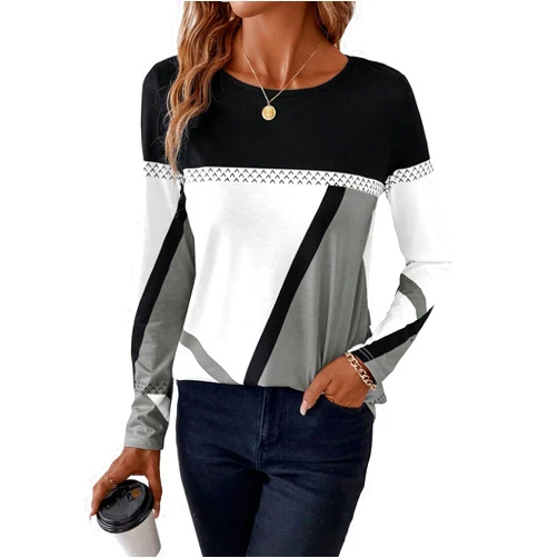 SweatyRocks Women's Color Block Crew Neck Tee Top Long Sleeve Casual T-Shirt