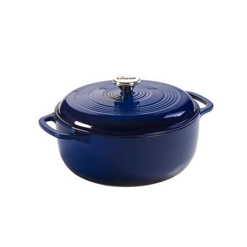 Lodge 6 Quart Enameled Cast Iron Dutch Oven with Lid – Dual Handles – Oven Safe up to 500° F or on Stovetop - Use to Marinate, Cook, Bake, Refrigerate and Serve – Indigo