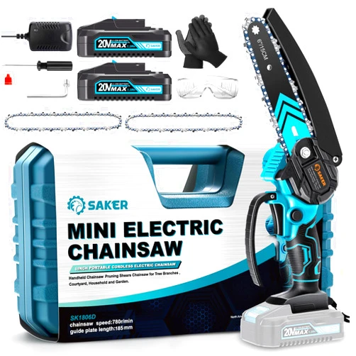 Saker Mini Chainsaw,6 Inch Portable Electric Chainsaw Cordless, Small Handheld Chain saw for Tree Branches,Courtyard, Household and Garden,By 2PCS 20V 1500mAh Batteries,Extra 3 PCS Chain