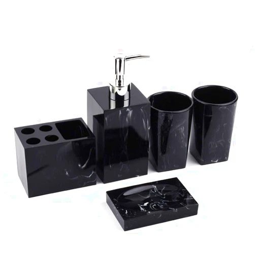 Magnitt Bathroom Accessories Set, 5 Piece Luxury Resin Bath Accessory with Toothbrush Holder, Liquid Soap Dispenser, Soap Dish, 2 Tumblers (Ink Black)