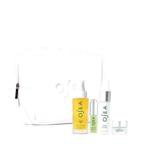 OSEA Bestsellers Discovery Skincare Set - 4-piece Skin Care Set - Vegan Leather Pouch, Body Oil, Face Cleanser, Water Cream, & Hyaluronic Acid Serum - Clean Beauty Travel Set - Ideal for Beauty Gifts