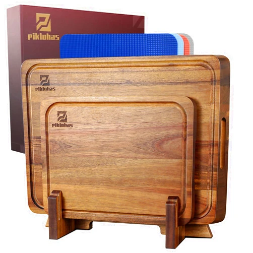 Piklohas Acacia Wood Cutting Boards Large Set of 7, Charcuterie Chopping Board for Kitchen with Holder, Plastic Serving Board Mats, Juice Groove, Reversible Butcher Block for Meat Cheese Bread