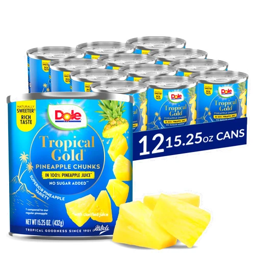 Dole Canned Fruit, Tropical Gold Pineapple Chunks in 100% Pineapple Juice, Gluten Free, Pantry Staples, No Sugar Added, 15.25 Oz, 12 Count