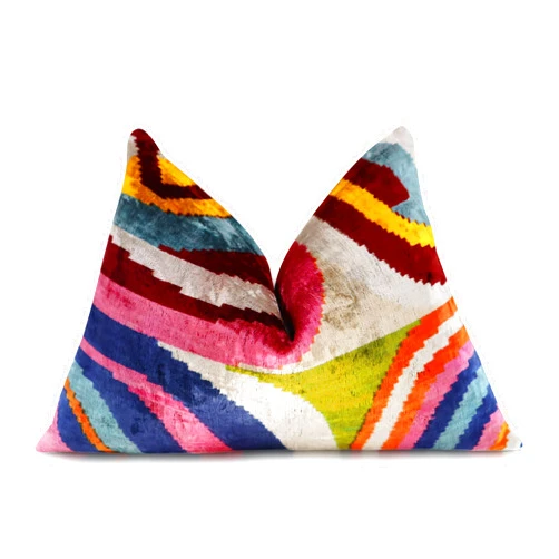 Canvello Handmade Throw Pillow, Silk Velvet Lumbar Pillow Luxury Colorful Geometric Pattern Pillow for Couch & Bed, 16x24 in Cushion with Feather Down Insert Included, Decorative Pillow Cover