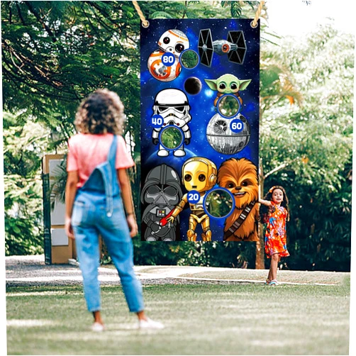 QICI Star War Toss Themed with 4 Bean Bags Fun Throwing Game Banner Backdrop Kit Star War Party Supplies Themed Party Activity Carnival Favors Group Sports