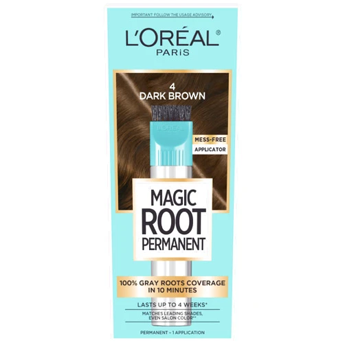 L'Oreal Paris Magic Root Rescue 10 Minute Root Hair Coloring Kit, Permanent Color with Quick Precision Applicator, 100 percent Gray Coverage, 4 Dark Brown, 1 kit (Packaging May Vary)