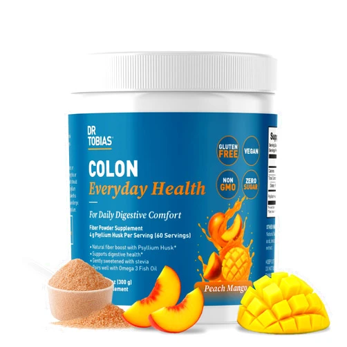 Dr. Tobias Colon Everyday Health - Gut Health for Women & Men - Psyllium Fiber Powder Drink with 4g Psyllium Husk Powder per Serving, Vegan, Gluten Free, Non-GMO, Peach Mango, 60 Servings