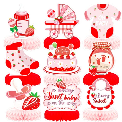 KSKSPE Strawberry Baby Shower Party Decorations - 9 PCS Honeycomb Centerpieces for Tables, 3D Theme Birthday Party Decor Supplies for Boys Girls