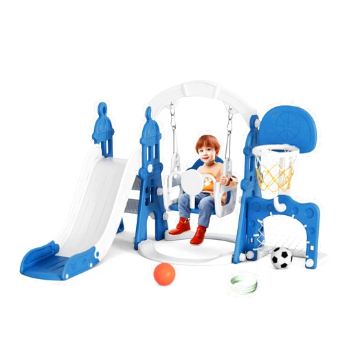 XJD 6-in-1 Toddler Slide and Swing Set, Kids Slide for Toddlers Age 1+, Toddler Outdoor Playset with Basketball Hoop, Football Frame, Swing, Outdoor Indoor Playground for Toddlers 1-3 (Blue)