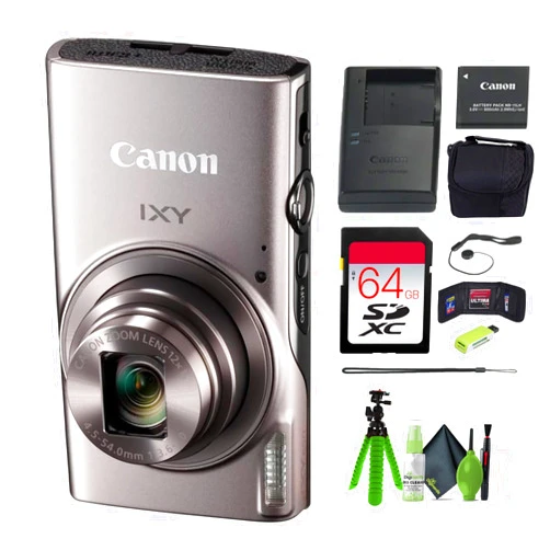 Canon PowerShot IXY 650 (ELPH 360) HS Compact Digital Camera 12x Optical Zoom IXY650 (Silver) Bundle + 64GB Memory Card + Camara Bag + Card Reader + Vlogging Tripod + Cleaning Kit and More