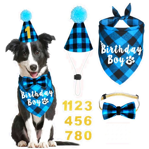 JOTFA Dog Birthday Party Supplies, Plaid Dog Birthday Boy Bandanas with Dog Birthday Party Hat Bow Tie Birthday Number for Small Medium Large Dogs Pets (Light Blue, Bandana & Hat & Bow Tie & Number)