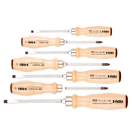 Felo 18108 7 pc Slotted, Phillips and Pozidriv Wooden Handle Screwdriver Set