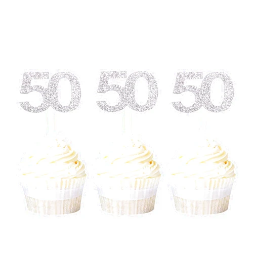 Ercadio Numbers 50 Cupcake Toppers Silver Glitter 50th Birthday Cupcake Picks Anniversary Party Decoration Supplies 24 PCS