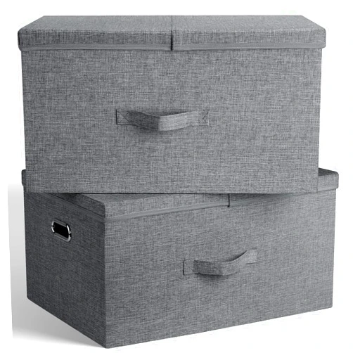 Bellzacasa Extra Large Collapsible Storage Bins with Lids, 2 Pack Linen Fabric Foldable Storage Bin Cube with 4 Handles, Storage Baskets Box for Home, Office, Closet, Gray, 22.8x15.7x11.8”