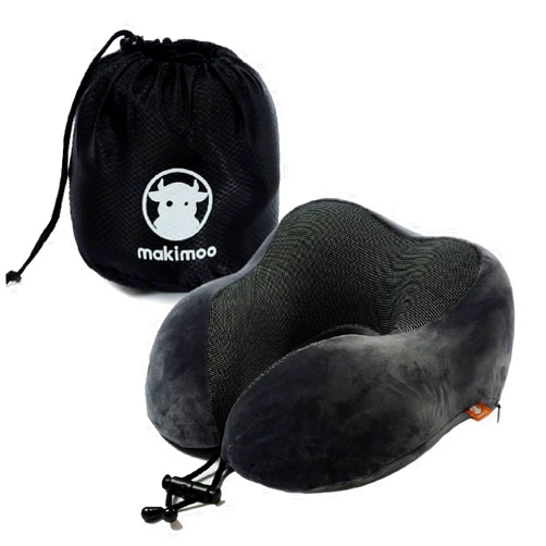 Makimoo Memory Foam Travel Pillow, Neck Pillow with 360-Degree Head Support, Comfortable and Lightweight, Ideal for Sleeping on Airplane, Car, Train, Bus and Home Use, Comes with Storage Bag (Grey)