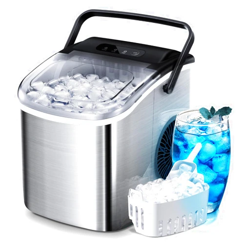AGLUCKY Ice Makers Countertop,Portable Ice Maker with Handle,9 Ice Cubes in 6 Mins,Self-Cleaning,One-Touch Operation Bullet Ice Maker with Ice Scoop, Basket,Small Ice Maker for Home/Office