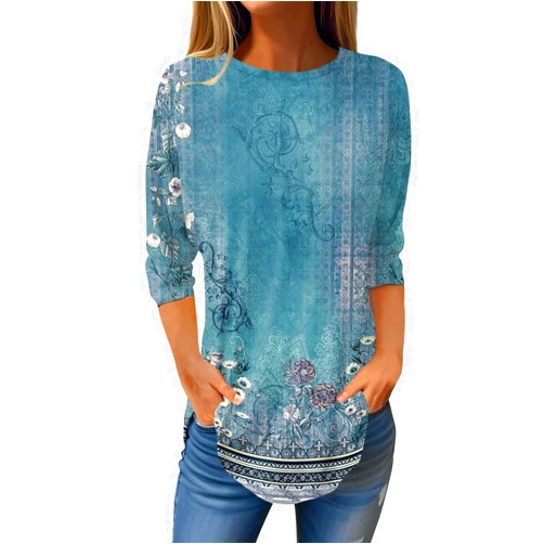Generic 3/4 Length Sleeve Womens Tops Summer Loose Solid Crewneck T Shirts Casual Three Quarter Length Dressy Blouses