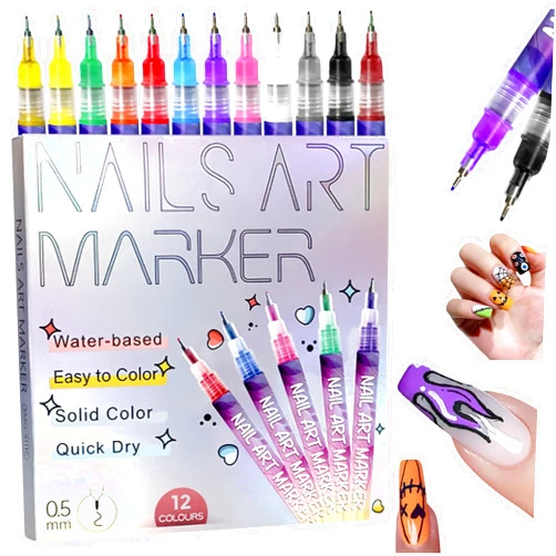 Generic 12 Colors Nail Art Pens Set, Nail Art Markers for Gel Nails DIY Nail Art Marker Drawing Painting 3D Nail Polish Pens, Quick Dry Dotting Point Liner Pens (12 Pcs)