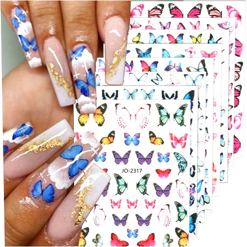 ZRZETREB 8 Sheets Butterfly Nail Art Stickers 3D Self-Adhesive Butterfly Nail Decals Pink Blue Colorful Butterflies Wings Designer Nail Stickers for Women Girls DIY Acrylic Nails Manicure Decorations