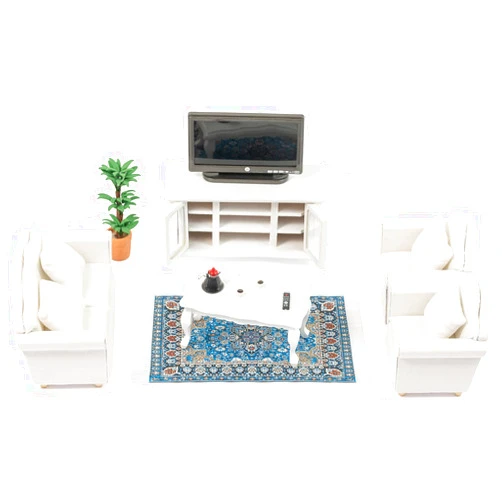 SAMCAMI Miniature Dollhouse Furniture 1 12 Scale - Wooden Dollhouse Furniture Set for Dollhouse Living Room - Doll House Furniture Incl Sofa, TV Cabinet, Coffee Table and Other Accessories (White)