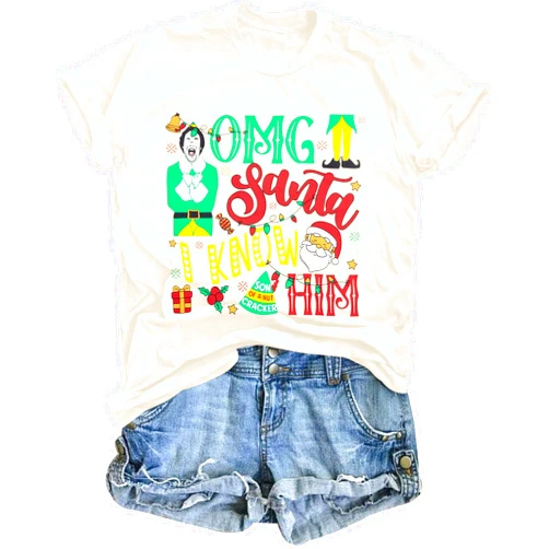TAOHONG Funny Christmas Shirts for Women OMG Santa I Know Him Graphic Tops Xmas Holiday T-Shirt Christmas Vacation Shirt