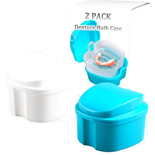 THINKPRICE Denture Bath Box Cup, Complete Clean Care for Dentures, Clear Braces, Mouth Guard, Night Guard & Retainers,Traveling (Blue & White)