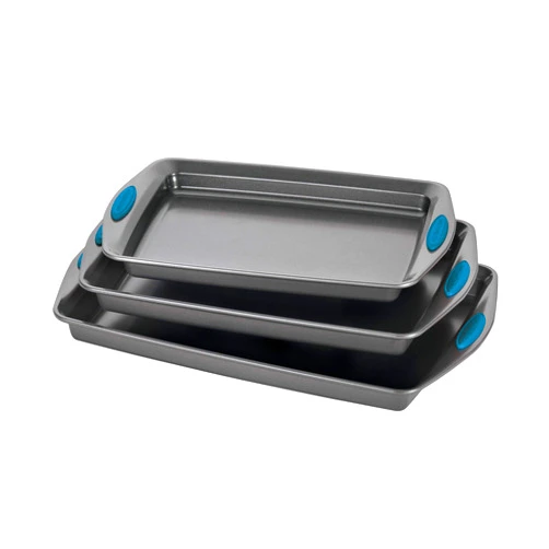 Rachael Ray Bakeware Nonstick Cookie Pan Set, 3-Piece, Gray with Marine Blue Grips