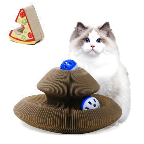 LE YOU PET Magic Organ Cat Scratcher Board Kitty kurlz Cat Toy with Bell Ball for Indoor Cats,Recyclable and Reversible,Triangles,Red and Yellow