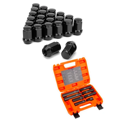 SUCOSO M12x1.5 Lug Nuts with 8PCS Lug Nut Socket Set Replacement for Toyota Tacoma Tundra 4Runner Sequoia FJ Cruiser Land Cruiser, 24PCS 12×1.5 Locking Lug Nuts Black Closed End Bulge Acorn Cone Seat