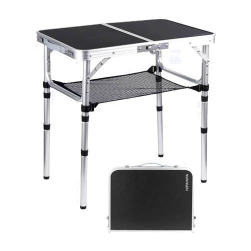 HIPAHIPA Camping Table with Detachable net Layer Portable Small Folding alumiumum Table Adjustable Height with 2 Hooks Easy Holders Sturdy Outdoor Picnic Beach BBQ Cooking