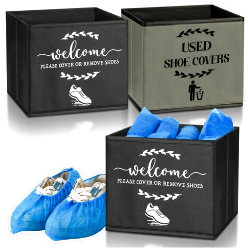Singhoow 2 Pcs Shoe Cover Boxes Dispenser Foldable Storage Bins with Used Shoe Covers and Welcome Please or Remove Sign for Open House Supplies(Dark Gray, Black)