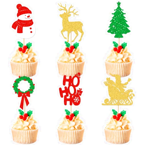 VCGUDOE 24pcs Christmas Cupcake Toppers Christmas Cupcake Decorations Snowman Christmas Tree Santa Claus Glitter Cupcake Decorations Christmas Decorations Christmas Eve Xmas Cupcake Picks (Style-1)